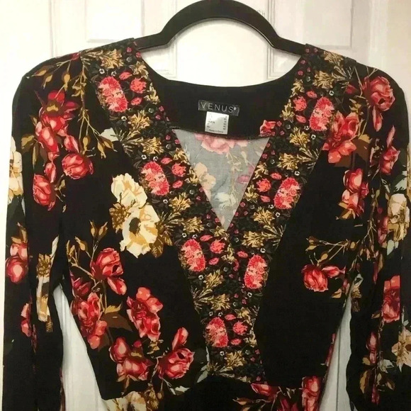 Venus floral printed peasant dress bohemian black red boho tiered autumn size 8 - Picture 11 of 16